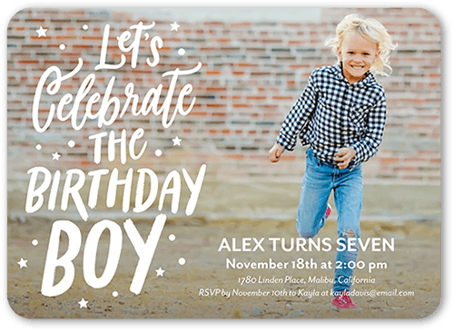 Celebrate Birthday Boy Birthday Invitation, White, 5x7 Flat, Matte, Signature Smooth Cardstock, Rounded