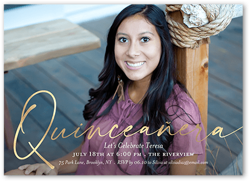 Elegant Quincenera Birthday Invitation, Yellow, 5x7 Flat, Pearl Shimmer Cardstock, Square, Golden