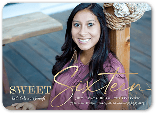 A Sweet Sixteen Birthday Invitation, Yellow, 5x7 Flat, Pearl Shimmer Cardstock, Rounded