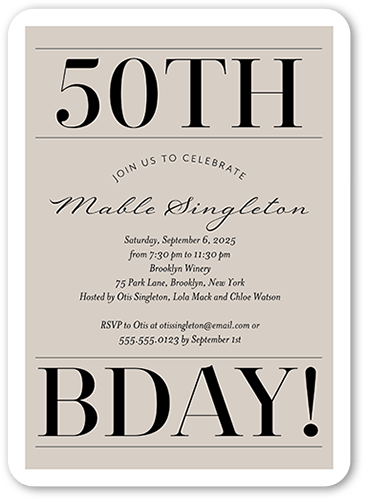 Dignified Design Birthday Invitation, Grey, 5x7 Flat, Pearl Shimmer Cardstock, Rounded