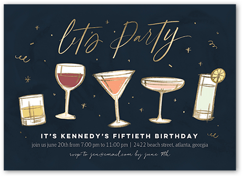 Classy Cocktails Birthday Invitation, Blue, 5x7 Flat, Pearl Shimmer Cardstock, Square