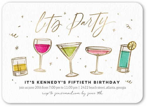 Classy Cocktails Birthday Invitation, White, 5x7 Flat, Pearl Shimmer Cardstock, Rounded