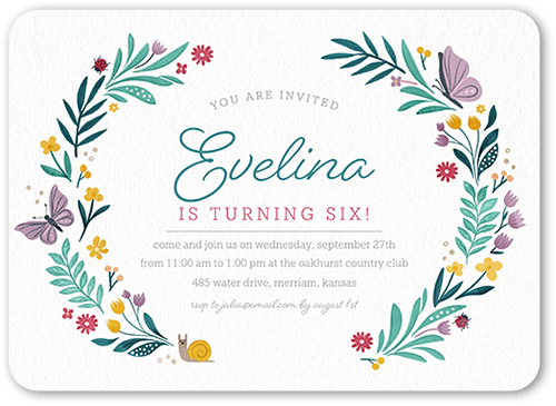 Flora Factor Birthday Invitation, White, 5x7 Flat, Pearl Shimmer Cardstock, Rounded