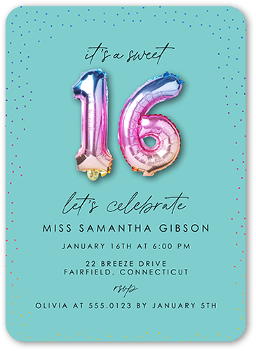 Sweetest Sixteen Birthday Invitation, Blue, 5x7 Flat, Standard Smooth Cardstock, Rounded