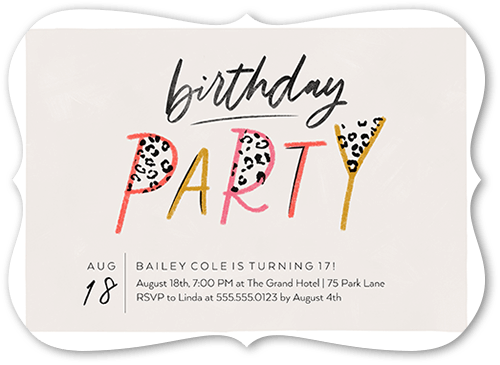 Wild Child Birthday Invitation, Grey, 5x7 Flat, Pearl Shimmer Cardstock, Bracket