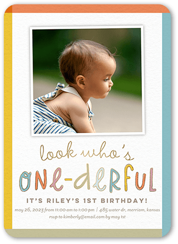 Onederful Time Birthday Invitation, Blue, 5x7 Flat, Pearl Shimmer Cardstock, Rounded