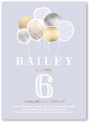 Blissful Balloons Birthday Invitation, Grey, 5x7 Flat, Pearl Shimmer Cardstock, Square, Dove Gray