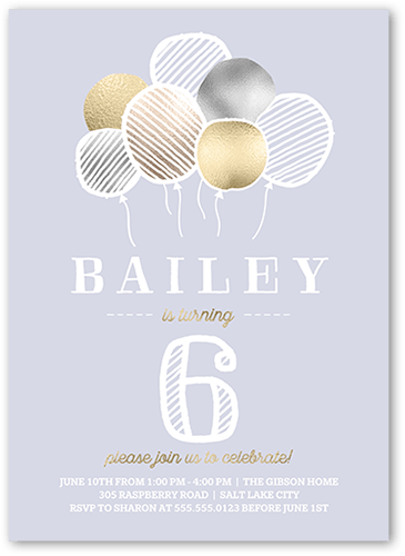 Blissful Balloons Birthday Invitation, Grey, 5x7 Flat, Pearl Shimmer Cardstock, Square