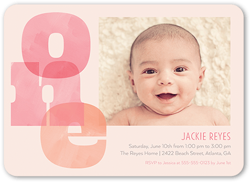 Blended Big One Birthday Invitation, Pink, 5x7 Flat, Pearl Shimmer Cardstock, Rounded, Chenille