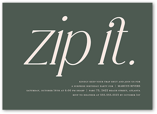 Zip It Birthday Invitation, Green, 5x7, Pearl Shimmer Cardstock, Square