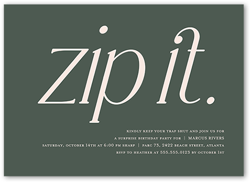 Zip It Birthday Invitation, Green, 5x7 Flat, Luxe Double-Thick Cardstock, Square