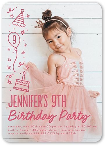 Cascading Cheer Birthday Invitation, Pink, 5x7 Flat, Pearl Shimmer Cardstock, Rounded
