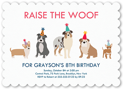 Raise The Woof Birthday Invitation, White, 5x7 Flat, Pearl Shimmer Cardstock, Scallop