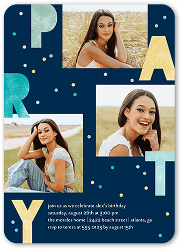 Speckled Letters Birthday Invitation, Blue, 5x7 Flat, Pearl Shimmer Cardstock, Rounded, Navy