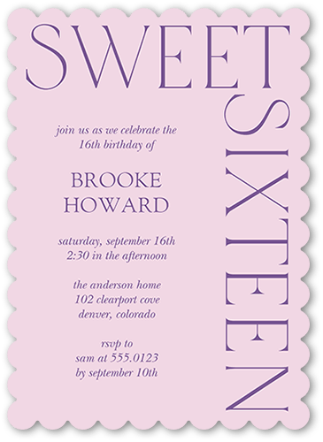 Simply Sixteen Birthday Invitation, Purple, 5x7 Flat, Pearl Shimmer Cardstock, Scallop