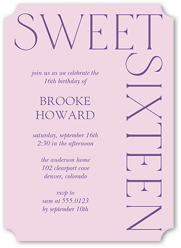 Simply Sixteen Birthday Invitation, Purple, 5x7 Flat, Pearl Shimmer Cardstock, Ticket