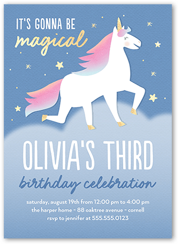 Unique Unicorn Birthday Invitation, Blue, 5x7 Flat, Pearl Shimmer Cardstock, Square