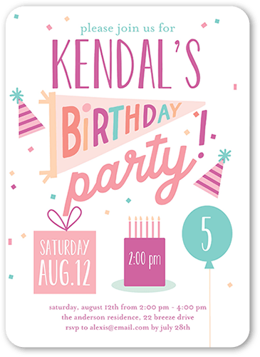 Essential Elements Birthday Invitation, Pink, 5x7 Flat, Pearl Shimmer Cardstock, Rounded, Rose