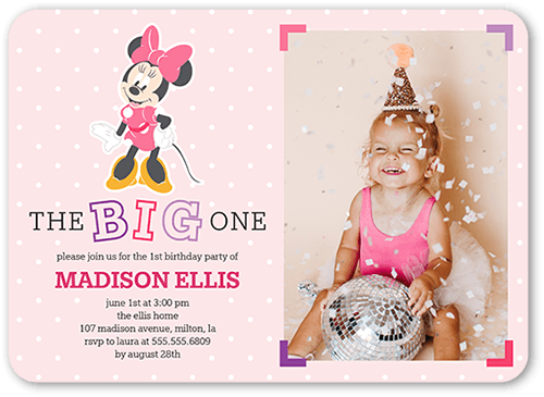Disney Minnie Mouse First Birthday Birthday Invitation, Pink, 5x7, Pearl Shimmer Cardstock, Rounded