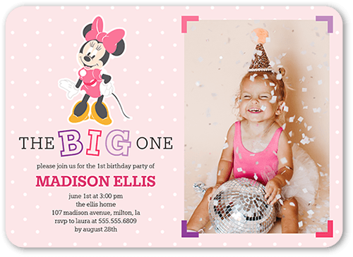 Disney Minnie Mouse First Birthday Birthday Invitation, Pink, 5x7 Flat, Matte, Signature Smooth Cardstock, Rounded