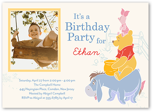 Disney Winnie the Pooh Birthday Birthday Invitation, White, 5x7 Flat, Pearl Shimmer Cardstock, Square