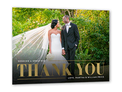 Big Bold Thanks Thank You Card, White, Gold Foil, 5x7 Flat, Pearl Shimmer Cardstock, Square