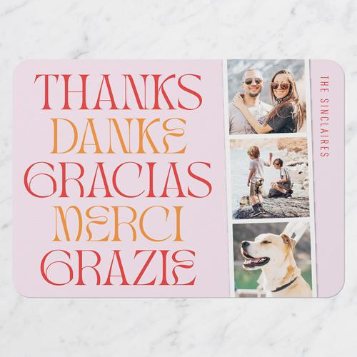 Multilingual Thank You Card, Pink, 5x7 Flat, Pearl Shimmer Cardstock, Rounded