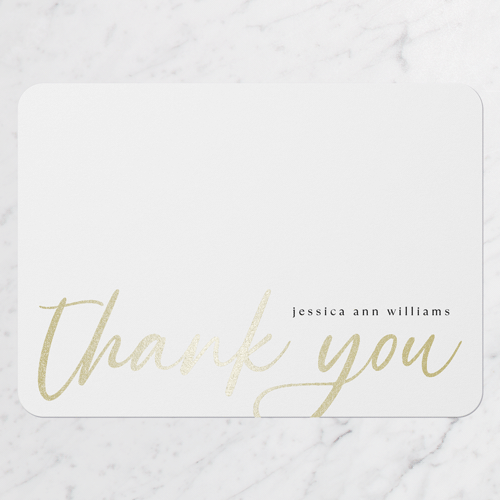 Stamp Script Thank You Card, White, Gold Foil, 5x7 Flat, Pearl Shimmer Cardstock, Rounded, White