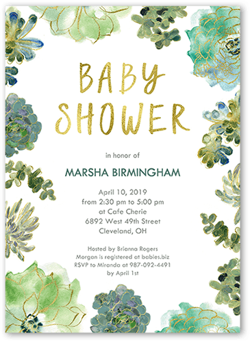 Splendid Succulents Baby Shower Invitation, Green, 5x7 Flat, Pearl Shimmer Cardstock, Square