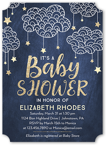 Starlit Clouds Boy Baby Shower Invitation, Blue, 5x7 Flat, Pearl Shimmer Cardstock, Ticket