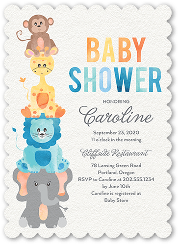Safari Soiree Baby Shower Invitation, White, 5x7 Flat, Pearl Shimmer Cardstock, Scallop