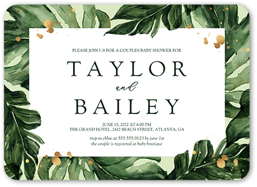 Watercolor Fronds Baby Shower Invitation, Green, 5x7 Flat, Pearl Shimmer Cardstock, Rounded