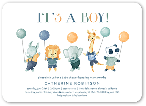 Balloon Animals Baby Shower Invitation, Green, 5x7 Flat, 100% Recycled Cardstock , Rounded, Mantis