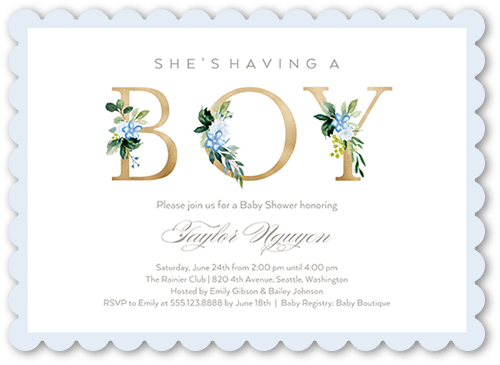 Sprouted Beginnings Baby Shower Invitation, Blue, 5x7, Pearl Shimmer Cardstock, Scallop