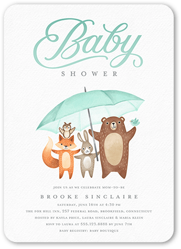 Umbrella Friends Baby Shower Invitation, Green, 5x7 Flat, Pearl Shimmer Cardstock, Rounded