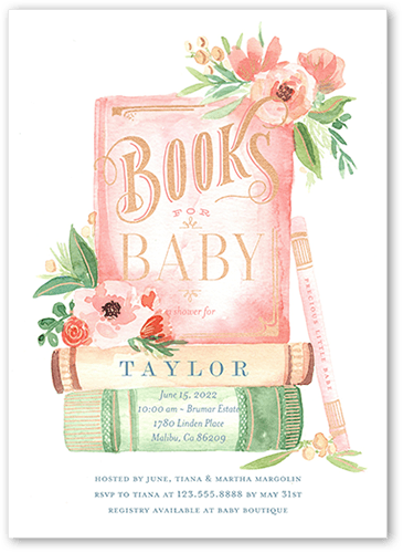 Stacked Books Baby Shower Invitation, Pink, 5x7 Flat, Standard Smooth Cardstock, Square, Shrimp
