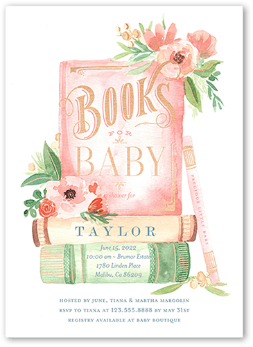 Stacked Books Baby Shower Invitation, Pink, 5x7 Flat, Pearl Shimmer Cardstock, Square