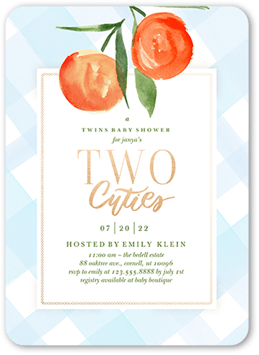 Two Cuties Baby Shower Invitation, Blue, 5x7 Flat, Standard Smooth Cardstock, Rounded, Hydrangea
