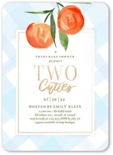 Two Cuties Baby Shower Invitation, Blue, 5x7 Flat, Pearl Shimmer Cardstock, Rounded