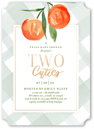 Two Cuties Baby Shower Invitation, Green, 5x7 Flat, Pearl Shimmer Cardstock, Ticket