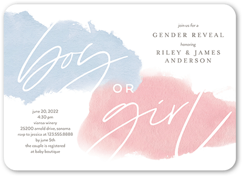 Watercolor Reveal Baby Shower Invitation, White, 5x7 Flat, Pearl Shimmer Cardstock, Rounded