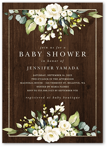 Delicate Floral Frame Baby Shower Invitation, Brown, 5x7 Flat, Pearl Shimmer Cardstock, Square