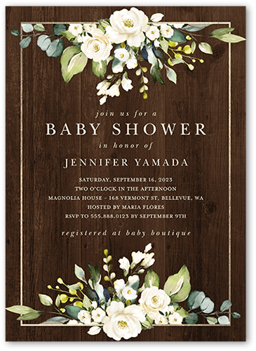 Delicate Floral Frame Baby Shower Invitation, Brown, 5x7 Flat, Standard Smooth Cardstock, Square