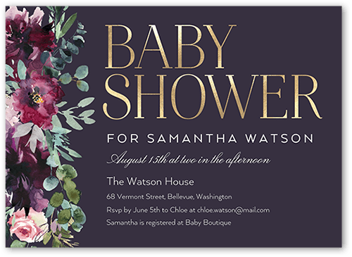 Side Flowers Baby Shower Invitation, Purple, 5x7 Flat, Standard Smooth Cardstock, Square, Eggplant