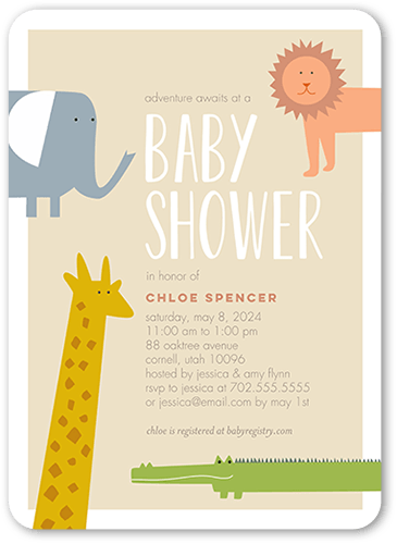 Friendly Fauna Baby Shower Invitation, Beige, 5x7 Flat, Pearl Shimmer Cardstock, Rounded