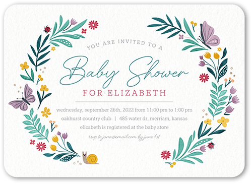 Floral Butterfly Baby Shower Invitation, White, 5x7 Flat, Pearl Shimmer Cardstock, Rounded