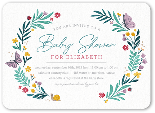 Floral Butterfly Baby Shower Invitation, White, 5x7 Flat, 100% Recycled Cardstock ?, Rounded