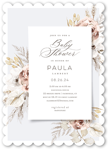 Pastel Garden Baby Shower Invitation, Pink, 5x7 Flat, Pearl Shimmer Cardstock, Scallop