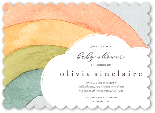 Drawing Rainbow Baby Shower Invitation, White, 5x7 Flat, Pearl Shimmer Cardstock, Scallop