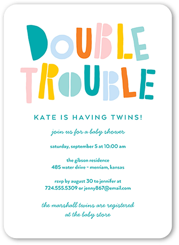 Double The Trouble Baby Shower Invitation, Blue, 5x7 Flat, Matte, Signature Smooth Cardstock, Rounded, Enchanted
